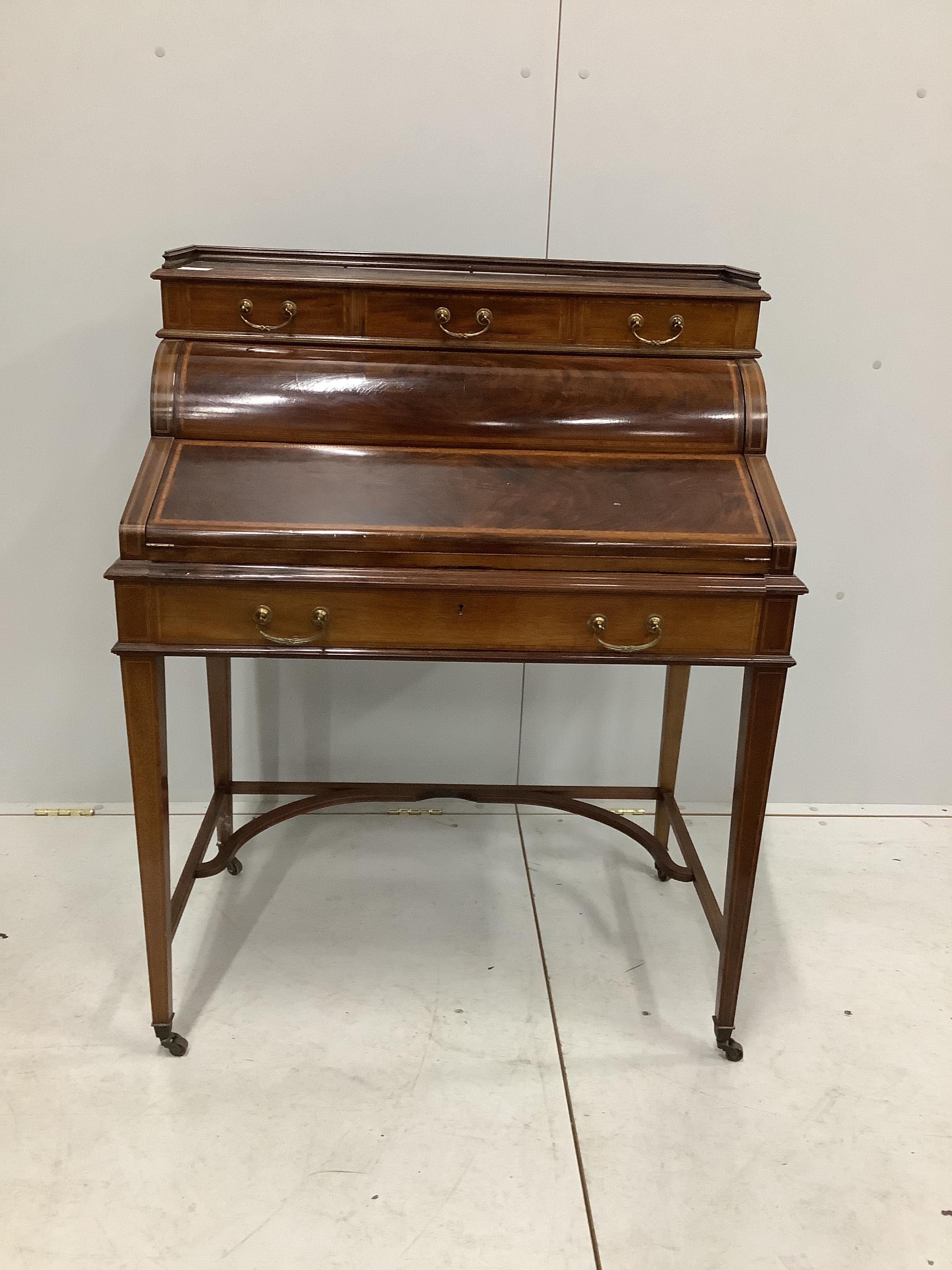 An Edwardian satinwood banded mahogany writing desk, width 84cm, depth 51cm, height 106cm